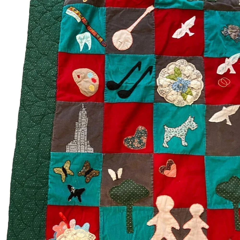 Handmade Quilt Throw Corduroy Home Family Dogs Birds Doves 66‎ x 51